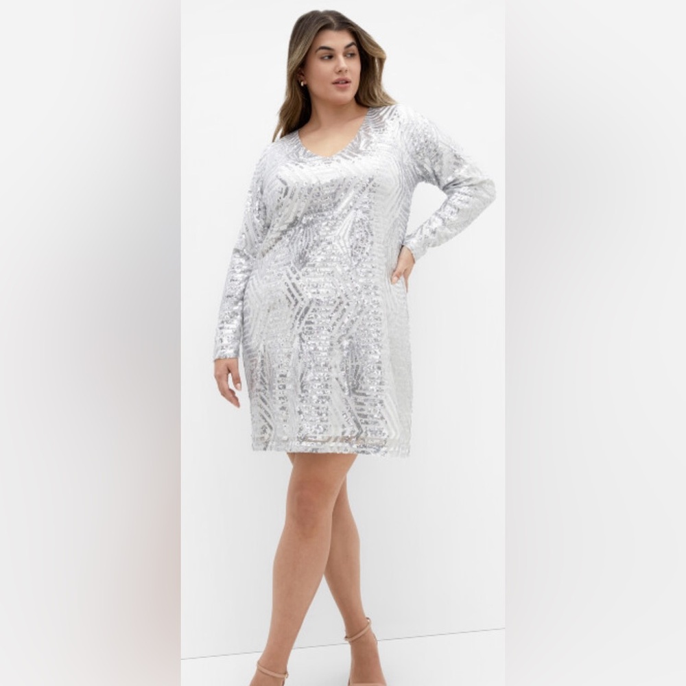 City Chic White and Silver Long Sleeve Sequin Mini Dress